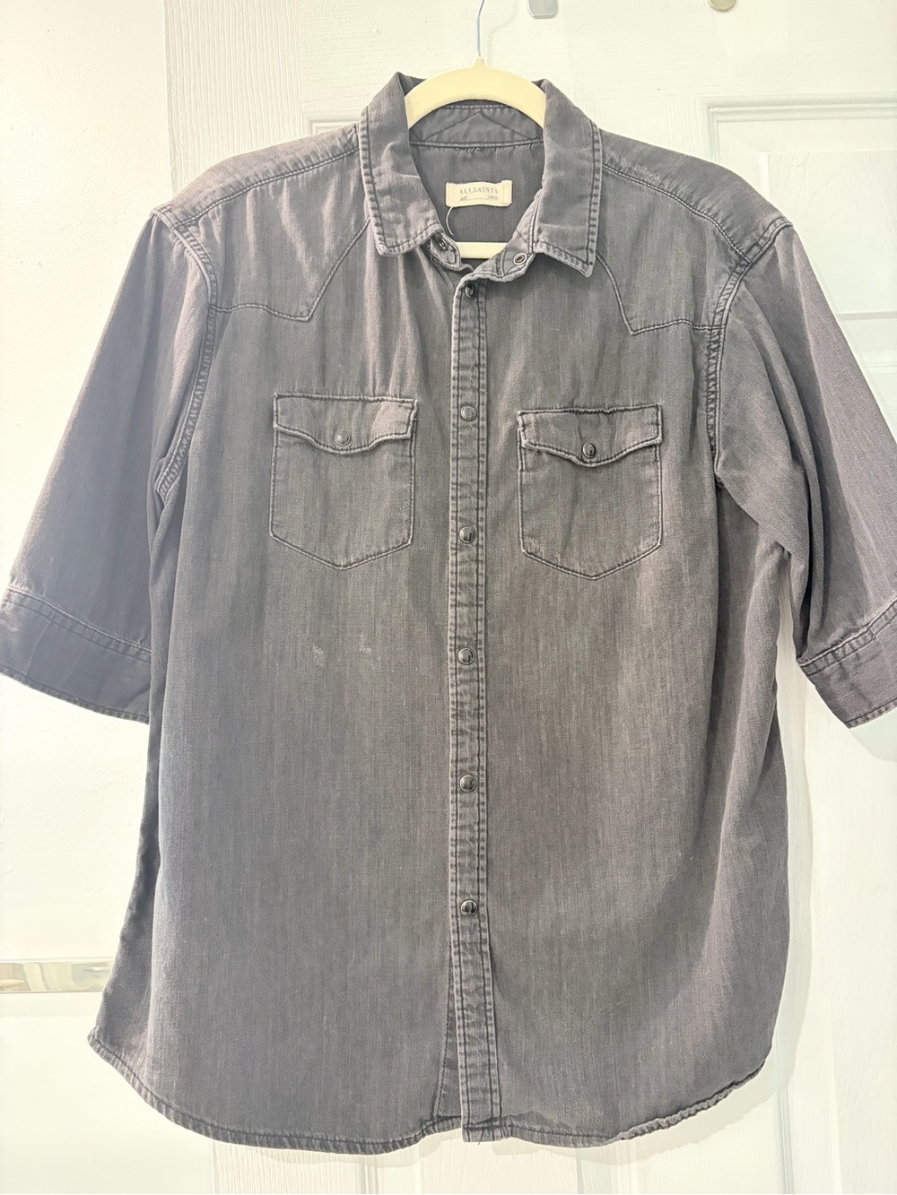 All Saints Gray Short-Sleeve Button-Down Denim Shirt